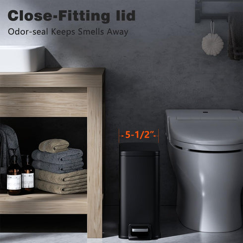 Veelesa Slim Bathroom Trash Can with Soft Close Lid, 1.6 Gallon Stainless Steel Garbage Can with Removable Inner Bucket